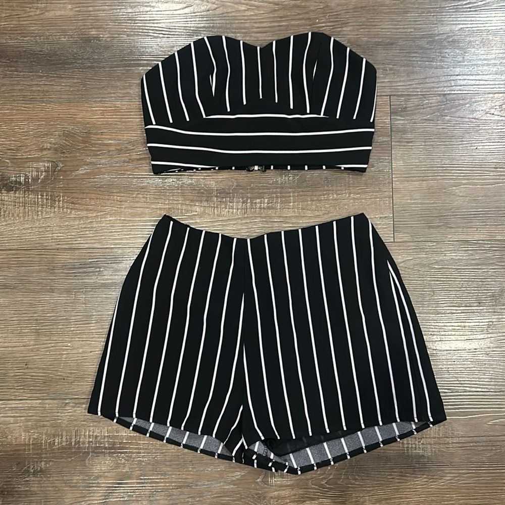 LF black & white strapless top and shorts set.